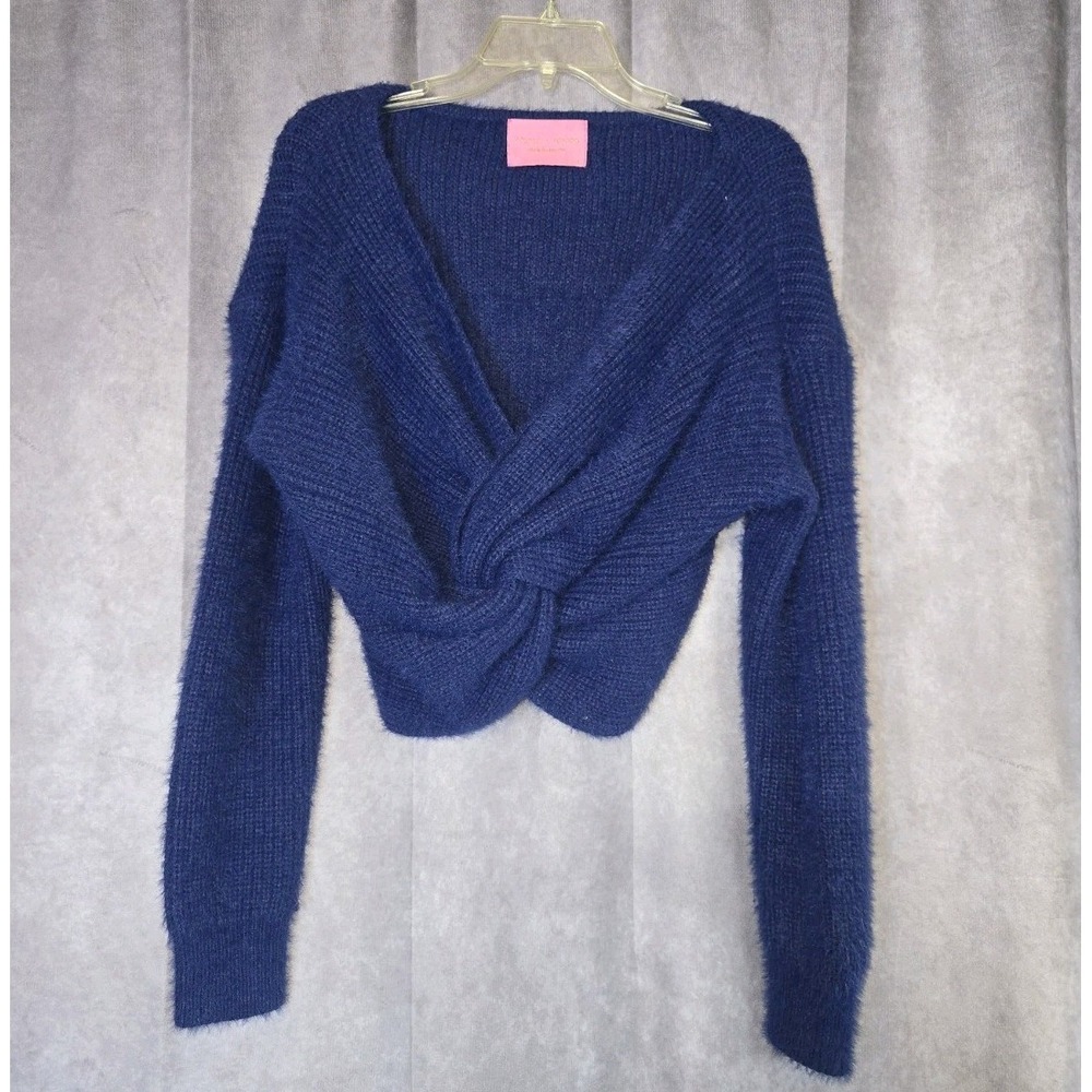 Azalea Wang Blue Front Knot Cropped Long Sleeve Sweater Size L Y2K